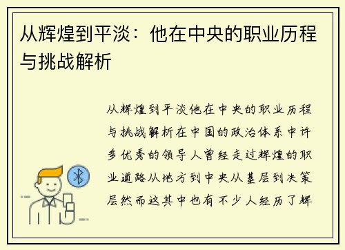 从辉煌到平淡：他在中央的职业历程与挑战解析