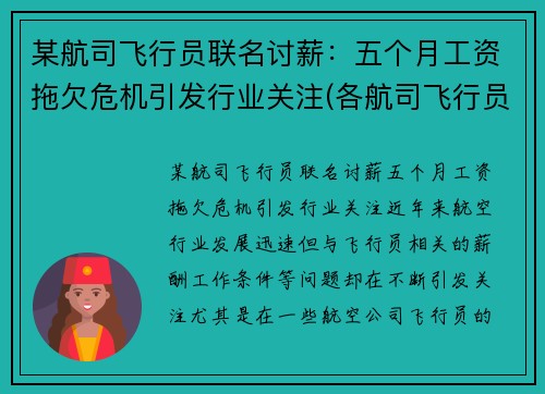 某航司飞行员联名讨薪：五个月工资拖欠危机引发行业关注(各航司飞行员工资比较)