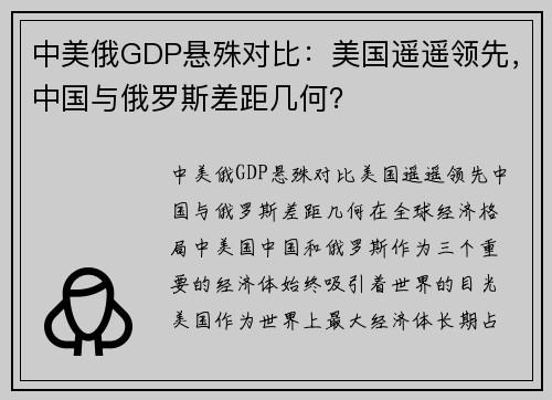 中美俄GDP悬殊对比：美国遥遥领先，中国与俄罗斯差距几何？