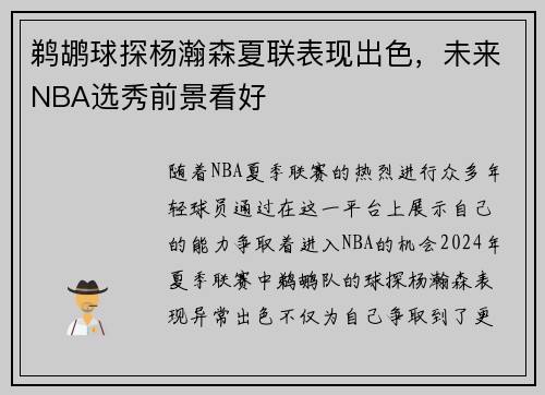 鹈鹕球探杨瀚森夏联表现出色，未来NBA选秀前景看好