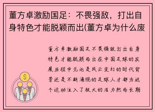 董方卓激励国足：不畏强敌，打出自身特色才能脱颖而出(董方卓为什么废 足协)