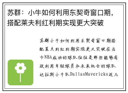 苏群：小牛如何利用东契奇窗口期，搭配莱夫利红利期实现更大突破