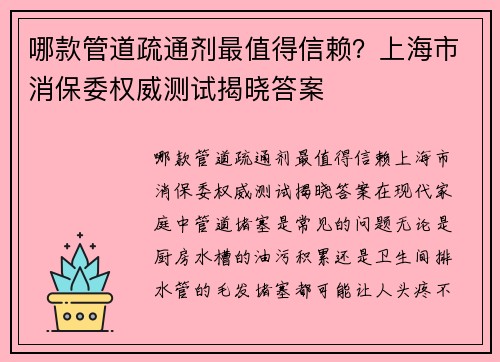 哪款管道疏通剂最值得信赖？上海市消保委权威测试揭晓答案